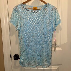 Ruby Rd. (Large)Shortsleeved Tank lined Top Porcelain Blue with  alligator print